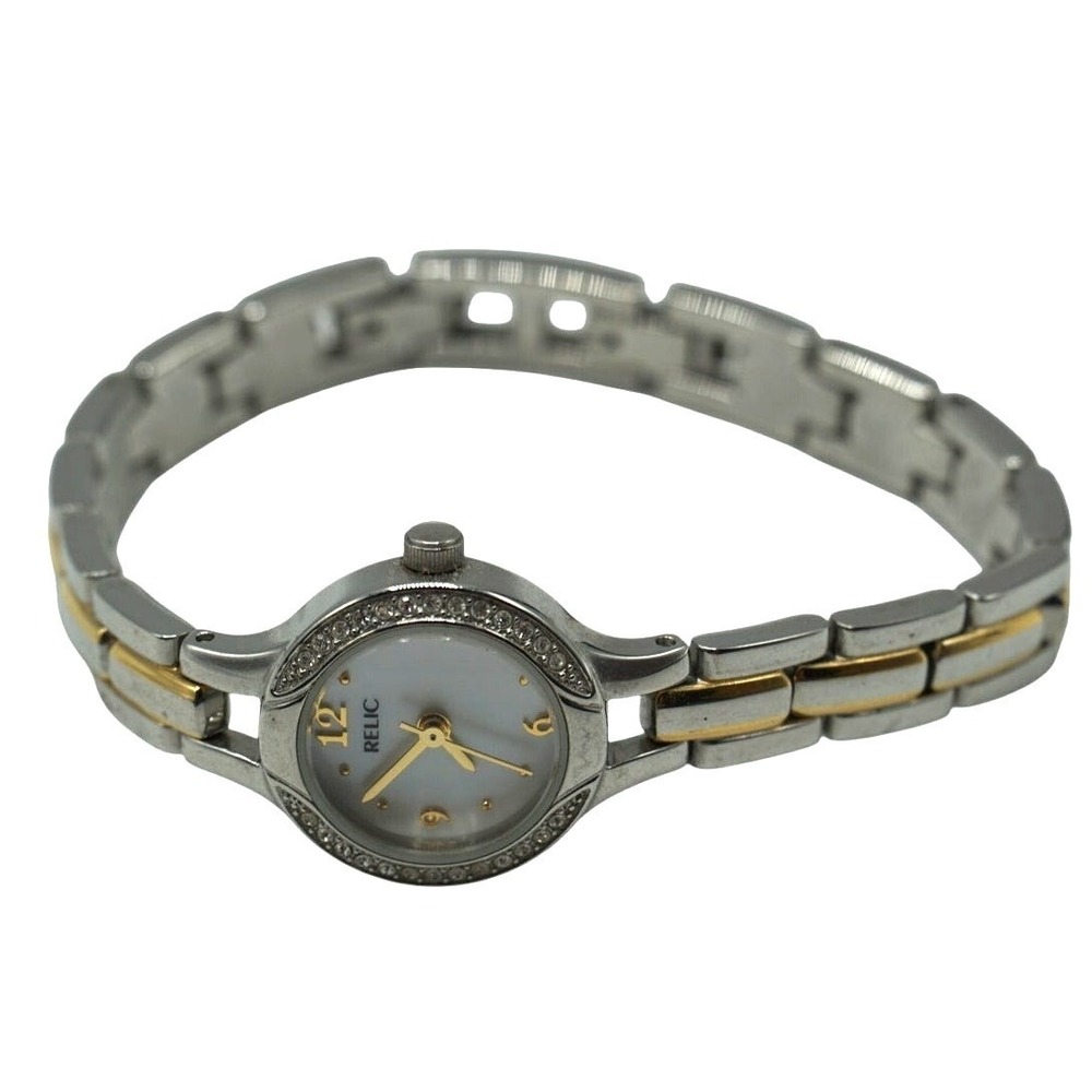 Relic Watch Women Silver Tone Pave Bezel MOP‎ Dial New Battery